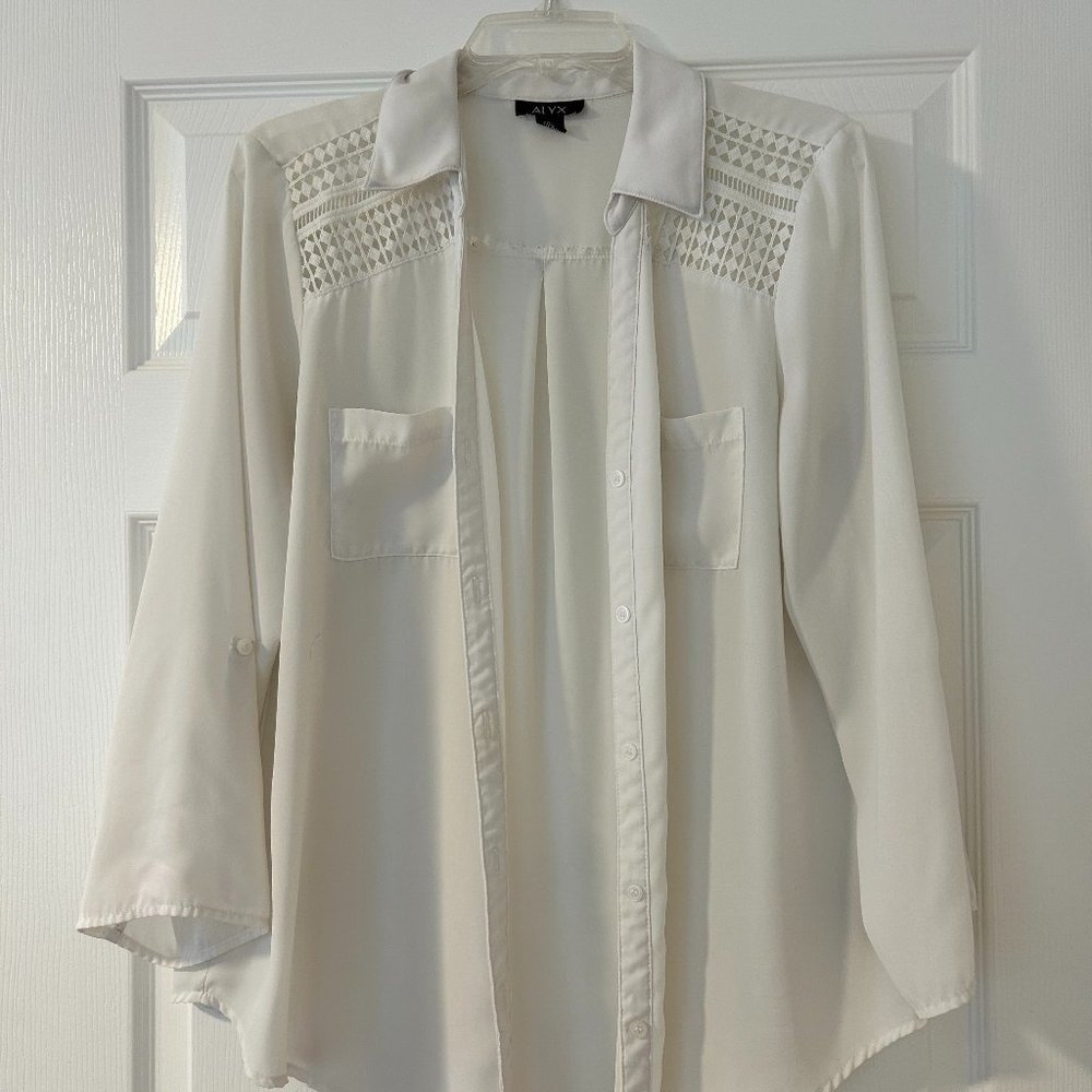 Alyx Sheer White Cream Formal Blouse Button Up with Cutouts Large